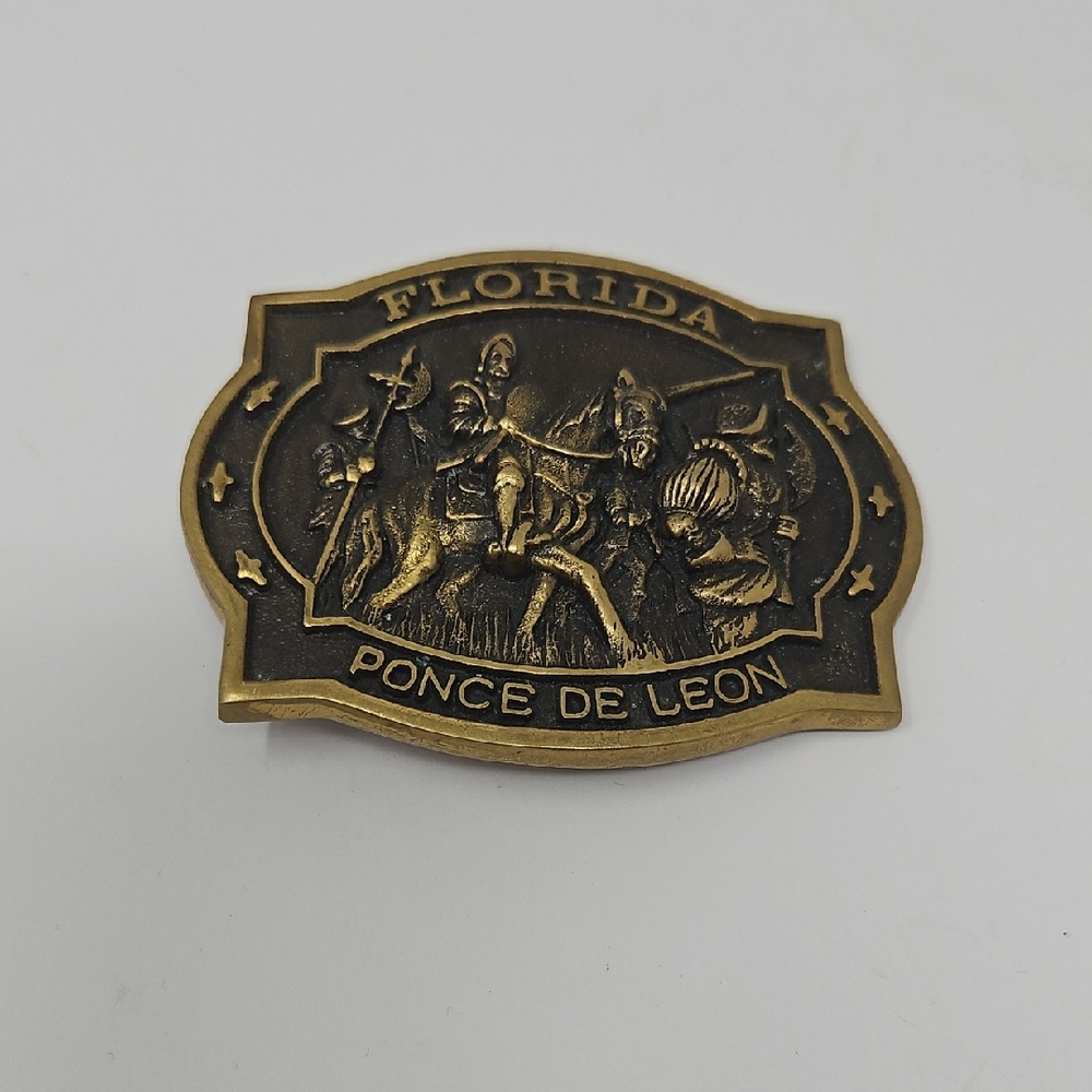 Florida Ponce de Leon Solid Brass Belt Buckle Vintage